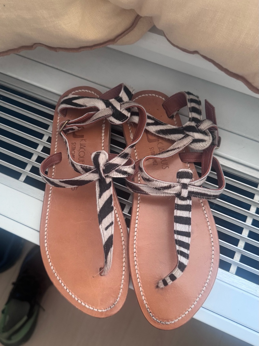 K. Jacques St. Tropez Buffon Printed Leather Horsy Zebra Hair Sandals 40